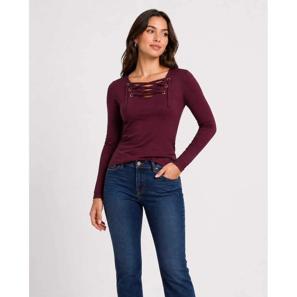 Daytrip Lace Up Top Women XL Fig Burgundy Long Sleeve Grommet New Boho